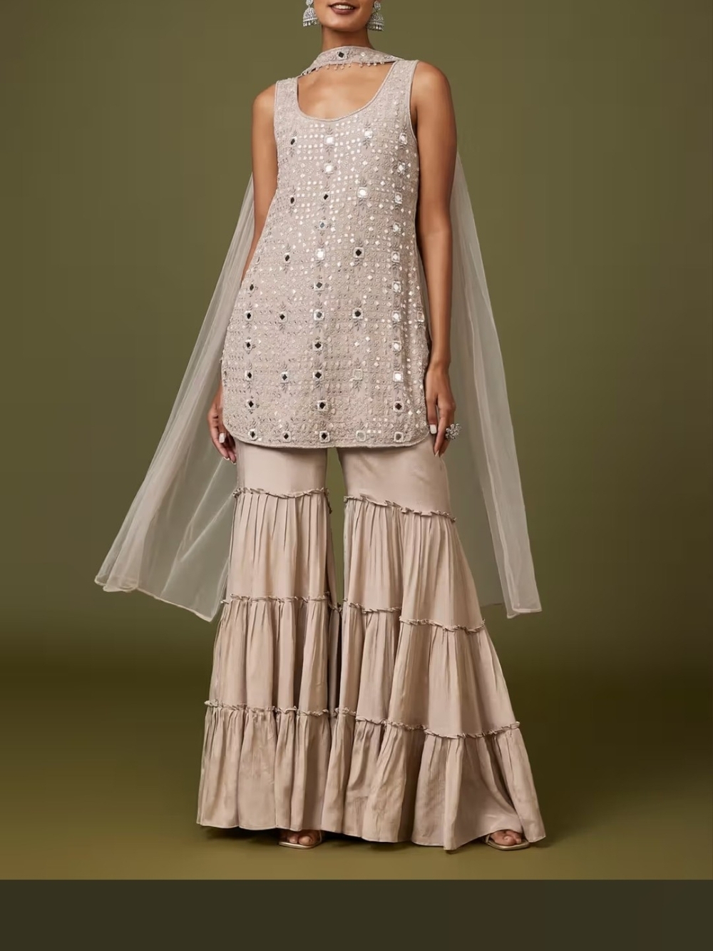 Beige Embellished Palazzo Jumpsuit with Sheer Cape